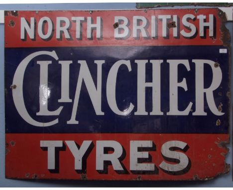Large 20th century enamel sign,  Clincher, North British Tyres  decorated with a blue field within red borders and with white