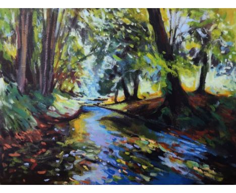 Raymond Balfe, "Autumn light along the river", acrylic on canvas, 40 x 30cm, c. 2021. This painting was inspired by my many h