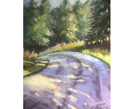 Laurie Basham, "Walk Down Boomer Mountain", soft pastel, 23 x 32cm, c. 2020. Pastel painting of a mountain road with purple s