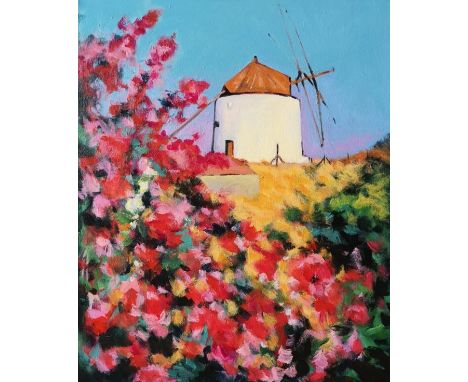 Raymond Balfe, "Oleander Bush and Windmill", acrylic on canvas, 50 x 60cm, c. 2022. This scene was painted on location in Vej
