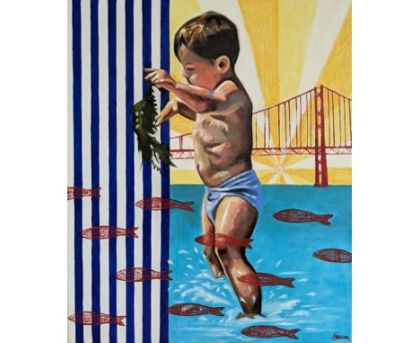Stephanie Caeiro, "Boy playing with seaweed ", oil and pastel on linen canvas, 60 x 50cm, c. 2021. Inspired by Joaquin Soroll