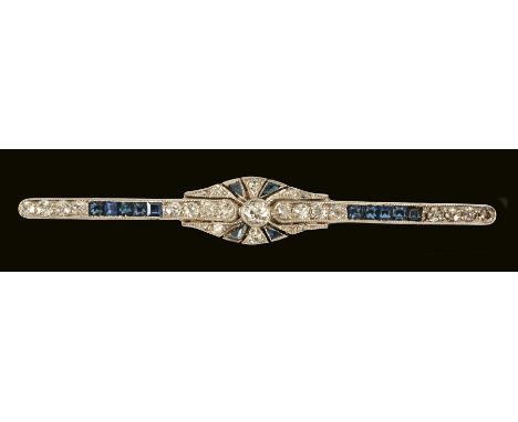 A Diamond and Sapphire Brooch millegrain-set old-cut diamonds and calibre-cut sapphires to openwork bar