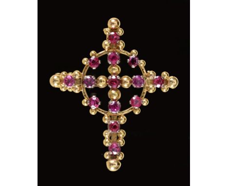 A Ruby Cross Pendant/Brooch claw-set round stones throughout in 18ct gold