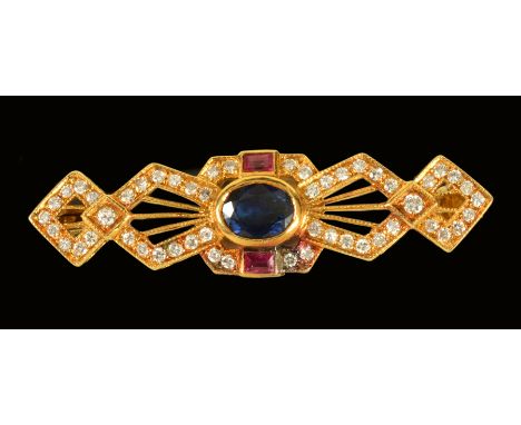 A yellow metal Diamond, Sapphire and Ruby Brooch, stamped '750', approx 4g