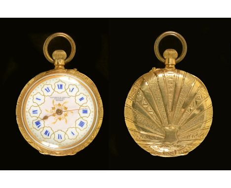A Lady's Continental Fob Watch the enamel dial with blue roman numerals and gilt detail in engraved case, a lady's Continenta