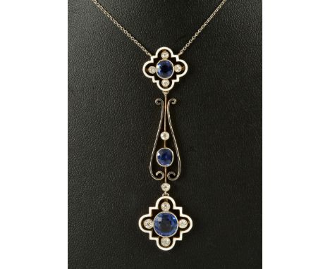 A Sapphire, Diamond and Enamel Necklace millegrain-set row of three oval-cut sapphires within spaced old-cut diamonds and out