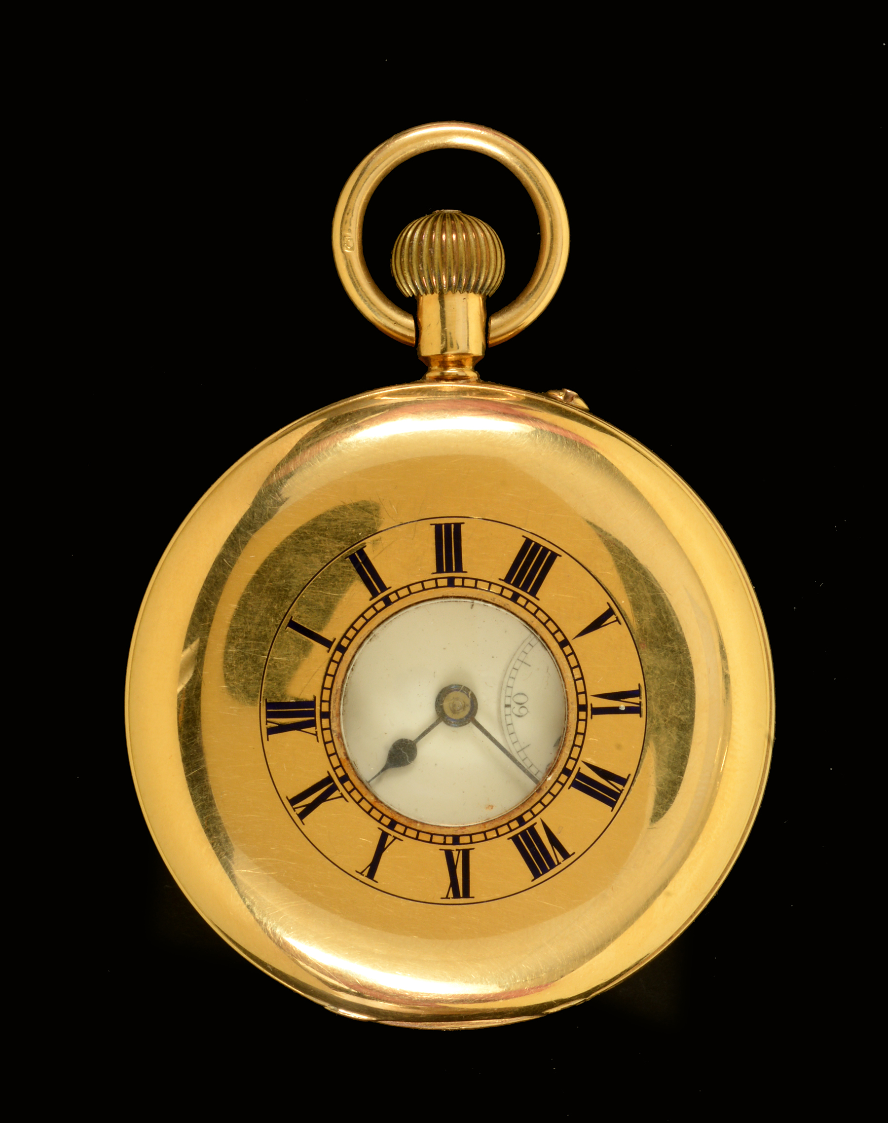 An 18ct gold cased keyless wind half hunter Pocket Watch by Goldsmiths