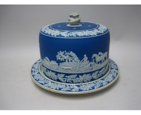 A Wedgwood blue jasperware Cheese Dome and Stand with hunting, acorn and oak leaf friezes, Stand 12in