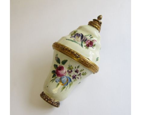 A Bilston Enamel Bonbonniere painted bouquets on cream ground with gilt metal mounts, 3 1/2 in