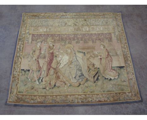 A Continental Tapestry depicting Mary, Joseph and Jesus with wiseman and angel in stable, 6ft x 6ft 8in