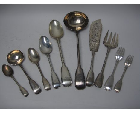 A matched set of Victorian silver Cutlery, fiddle and thread pattern engraved initials E.W., London 1848,1849, 1850/1858, etc