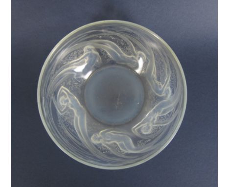 A Lalique 'Ondines' opalescent glass Bowl moulded six dancing sea nymphs to underside, engraved script mark, 8in D