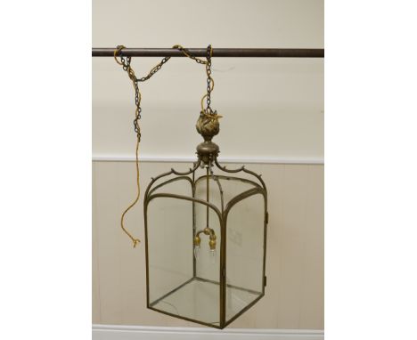 A large antique brass square Hall Lantern with glazed panels and flame finial, 16in square, 3ft H. AMENDMENT: New estimate £1