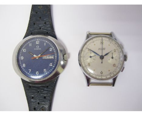 A Gentleman's Omega Wristwatch the textured blue dial with arabic numerals, red sweep seconds hand, minute track and day/date
