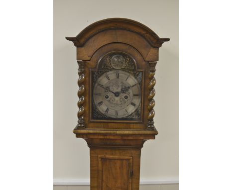 A Georgian style small Longcase Clock with arched dial having scroll engraving and silvered chapter ring, 8-day movement in w