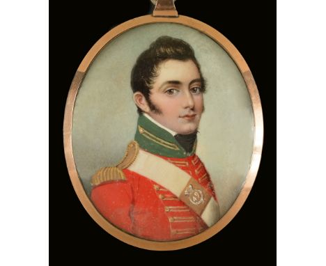 ATTRIBUTED TO JOHN COMERFORD (1770-1832)Portrait miniature of an Officer of the 49th Hertfordshire Foot, wearing uniform, ova