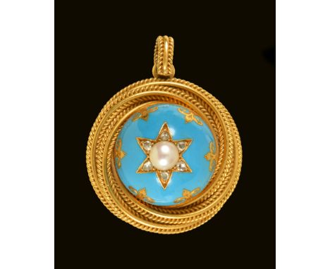 A Victorian Pearl, Diamond and Enamel Pendant, the domed plaque set central half pearl within star pavé-set rose-cut diamonds