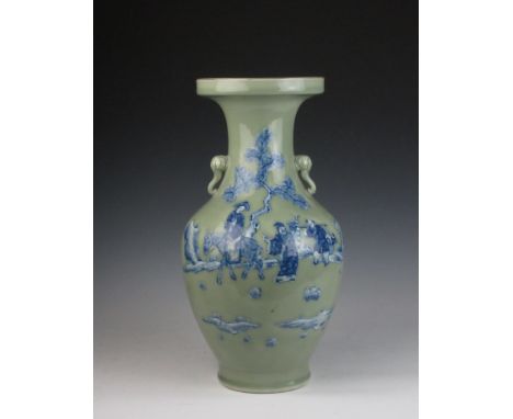 A Chinese celadon-ground porcelain pear-shaped Vase, with elephant mask handles, moulded in low relief and painted in undergl