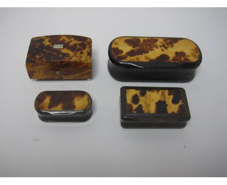 Three tortoiseshell covered Snuff Boxes and a Trinket Box of sarcophagus shape