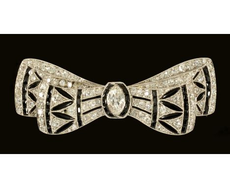 An Art Deco style Diamond and Onyx Bow Brooch the openwork plaque millegrain-set principle marquise-cut diamond between numer