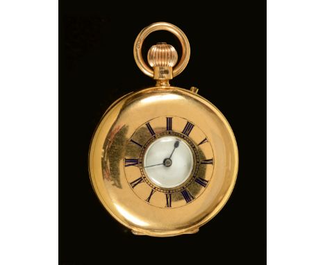 A Lady's Half Hunter Fob Watch the white enamel dial with roman numerals, movement marked P &amp; A Guye, London in 18ct gold