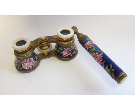 A pair of 19th Century enamel Opera Glasses painted pink flowers on blue ground with mother of pearl and gilt metal mounts