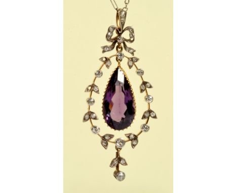 An Amethyst and Diamond Necklace, the claw-set pear-cut amethyst suspended within leafage frame with ribbon surmount pavé-set