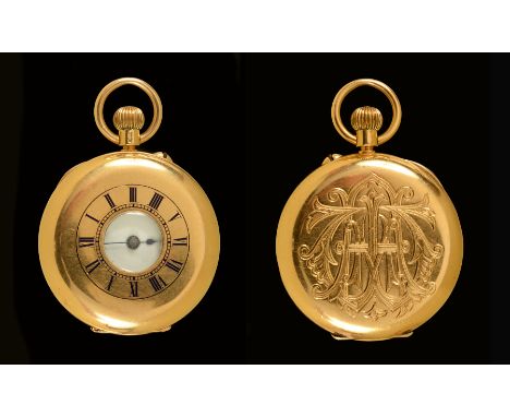 An early 20th Century 18ct gold cased Half Hunter Lady's Fob Watch, the white enamel dial with roman numerals, inscription to