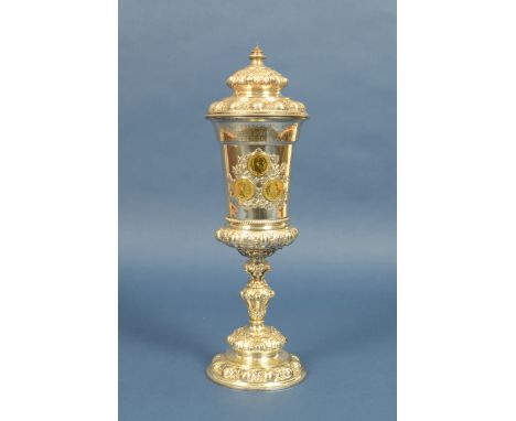 A German gold coin inset white metal lidded Goblet, inscribed to top rim "Emperors Cup In Commemoration of the Year 1888 duri