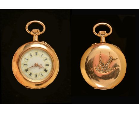 A Lady's 18ct gold cased Continental Fob Watch, the white enamel dial with roman numerals and gilt detail, case engraved dove