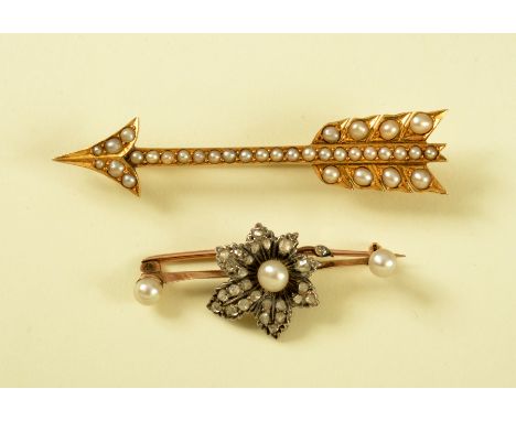 An Arrow Brooch set seed pearls and a Diamond and Seed Pearl Brooch with flower head plaque pavé-set rose-cut diamonds with c