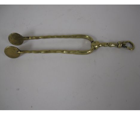 A pair of 18th Century brass Ember Tongs with ring finial, 8in