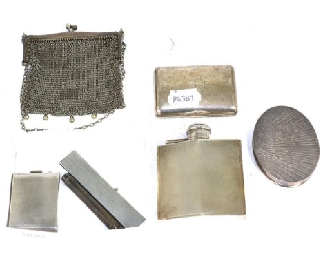 A silver hip flask; a plated mesh purse; a S M & Co silver pencil; a silver cigarette case; a silver match holder; a compact 