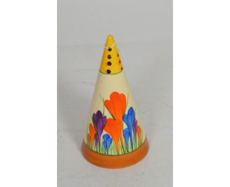 A Clarice Cliff Bizarre ware Crocus pattern sifter of conical formOriginal stopper lacking and with a very minor hairline cra