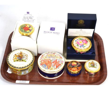 Four enamel trinket boxes including two by Royal Worcester and two Caverswall porcelain trinket boxes 