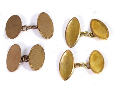 A pair of 9 carat gold double tapered oval cufflinks and a pair of 9 carat rose gold engine turned double oval cufflinks, cha