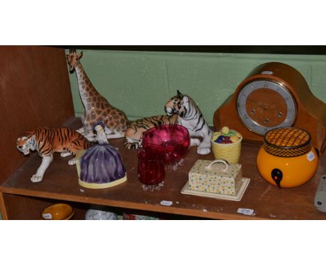 Three USSR ceramic animals, a cranberry glass bowl and jug, a glass vase, a Carlton ware jar and cover, chiming mantel clock 