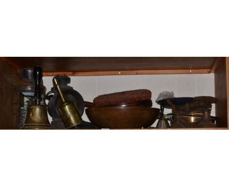 A Victorian beadwork footstool, three circular wooden bowls, a warming pan, kitchen scales, a brass hand bell, two lamps etc 