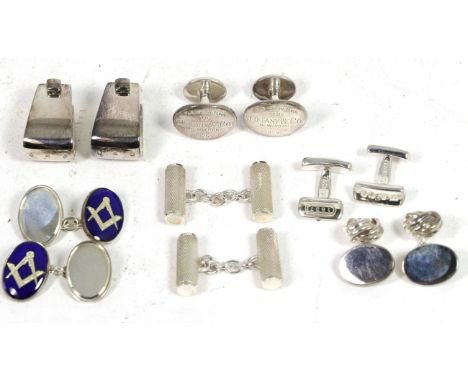 A pair of silver blue enamel Masonic double oval cufflinks; a pair of stiff bar cufflinks, stamped 'T&CO'; a pair of stiff ba