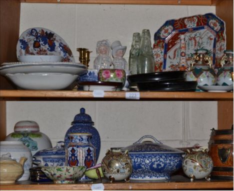 A quantity of Victorian and later ceramics including a pair of china figures; a pair of Noritake style vases; three pot lids;