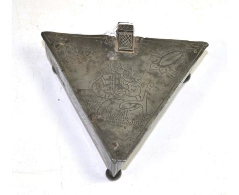 A pewter spice box and hinged cover, probably Dutch, 17th century, of triangular form engraved with initials BE flanked by tw