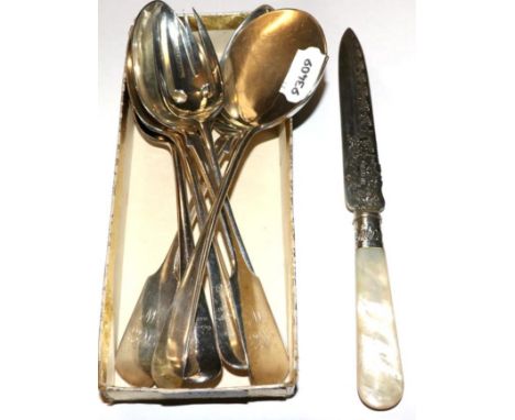 Four various silver tablespoons, a mother of pearl handled silver bladed cake knife and two other silver servers