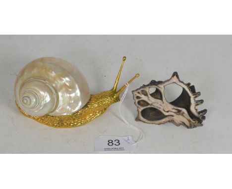 A silver gilt model of a snail with mother of pearl shell together with a silver mounted piece of coral