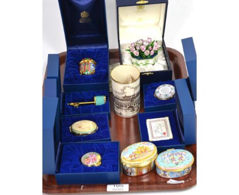 A collection of Halcyon days enamels including six trinket boxes, a floral bomboniere and small vase