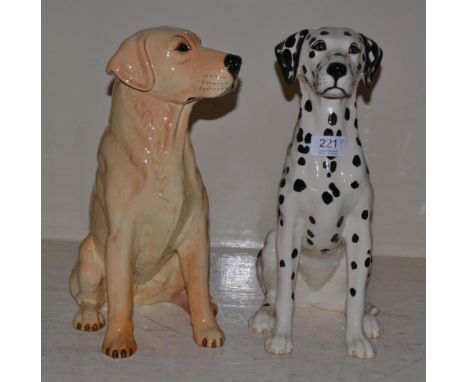 Beswick Fireside Models: Dalmatian, model No. 2271, black and white gloss and labrador, model No. 2314, golden brown gloss (2