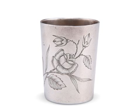 A RUSSIAN SILVER BEAKER CUP, bears Fabergé mark, Moscow 1896, tapering cylindrical form, engraved with a rose spray, inscribe