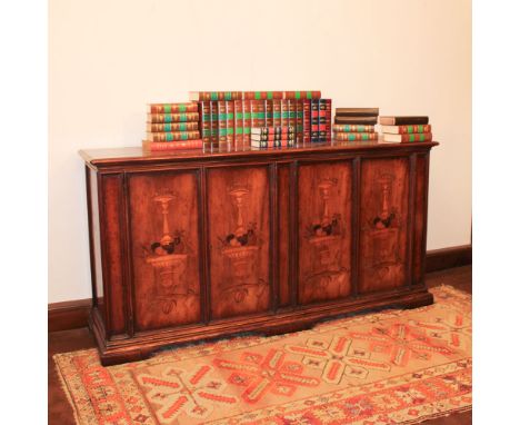 Walnut sideboard Italy, 20th centuryrectangular top, front with four doors inlaid in various woods with fruit motifs110x218x5