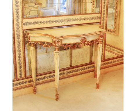 Lacquered and golden wood console Italy, 20th centuryshaped top, band below decorated with floral motifs and garlands resting