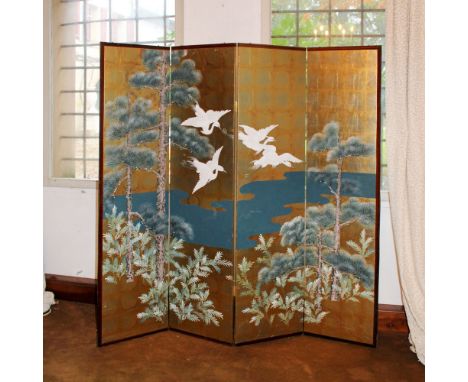 Four-shutter screen in wood and paper 20th centurydecorated with oriental patternsanta 183x45 cm. cad.
