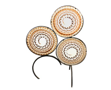 Iron and glass sculpture Murano, 20th century.shaped body made of wrought iron with three glass elements decorated with spira